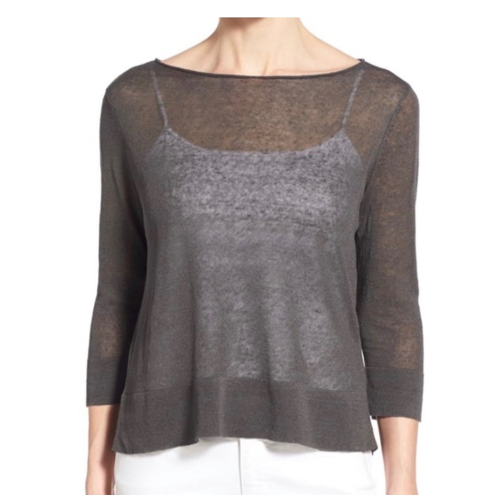 Eileen Fisher Rye Bateau Neck Top Italian Linen Knit Brown Petite Large